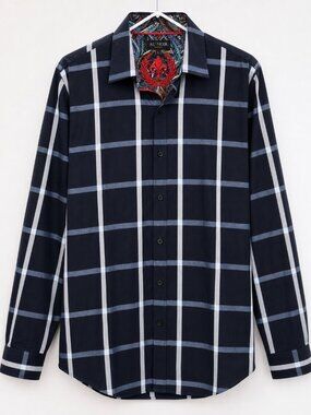 Au Noir Button-Up Shirt L Navy Windowpane Luxury Designer Contrast Interior